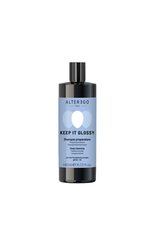 Клікніть для збільшення зображення ALTER EGO ITALY KEEP IT GLOSSY Prep Shampoo Шампунь для глибокого очищення волосся підготовчий pH7.0-7.5, 480 мл